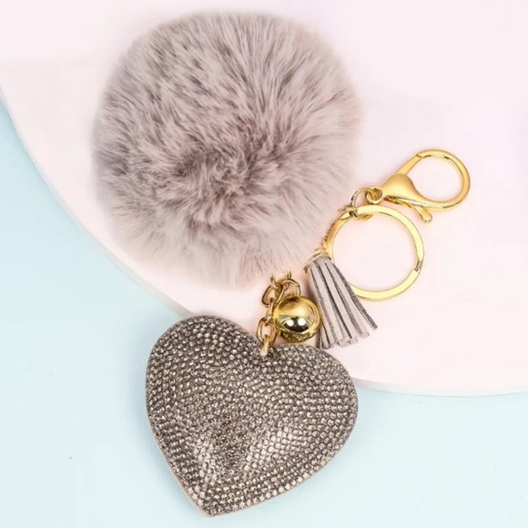 Handbags - NEW Fashion Rhinestone Heart Puff Ball with Ball and Tassle Bag Keychain…